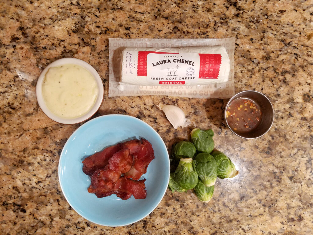 Ingredients needed to make the Bacon Brussel Sprout Goat Cheese Pizza with a Spicy Honey Drizzle
