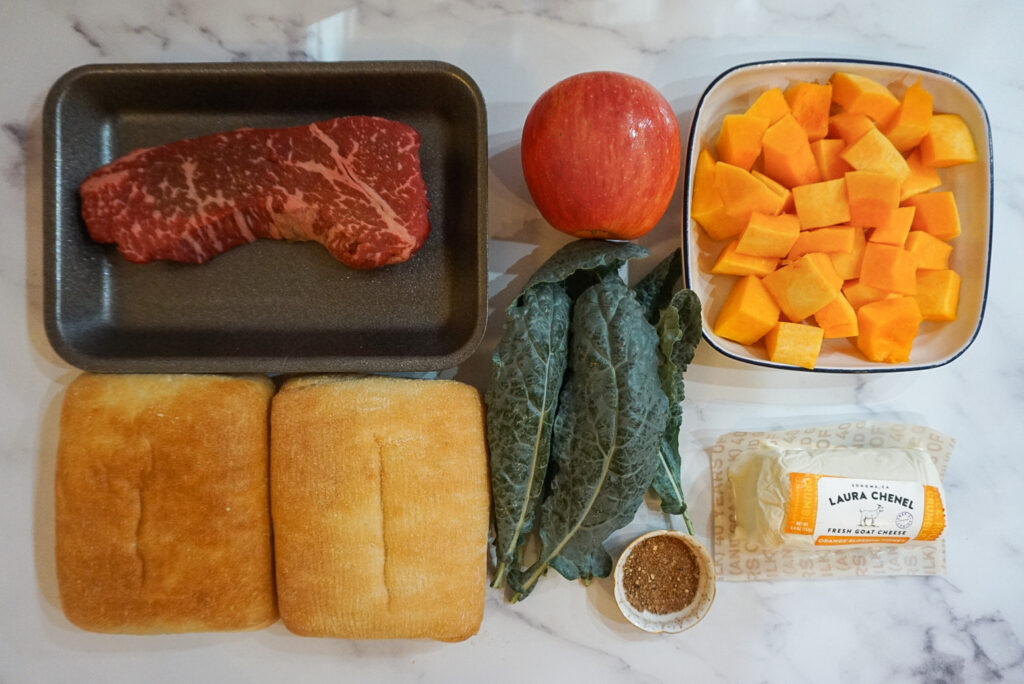 Ingredients needed for the Fall Steak Sandwich with a Goat Cheese Butternut Squash Spread.