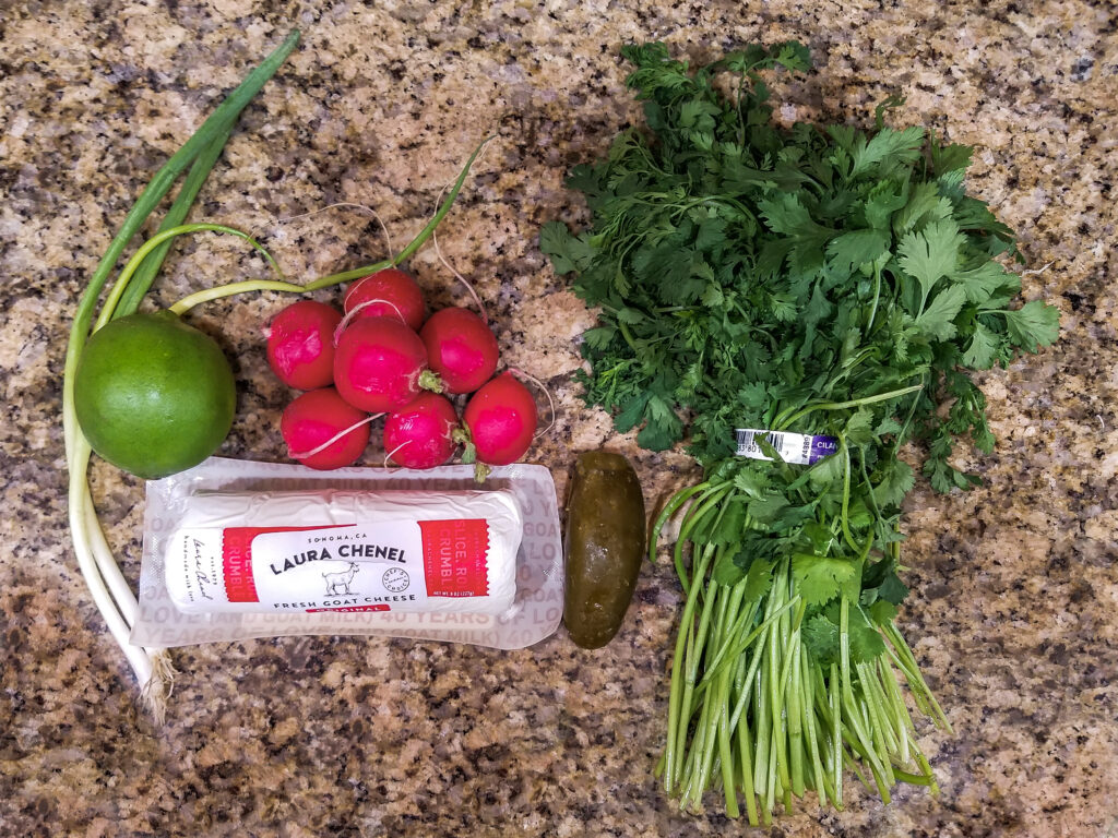 Ingredients needed for the spicy goat cheese radish slaw.