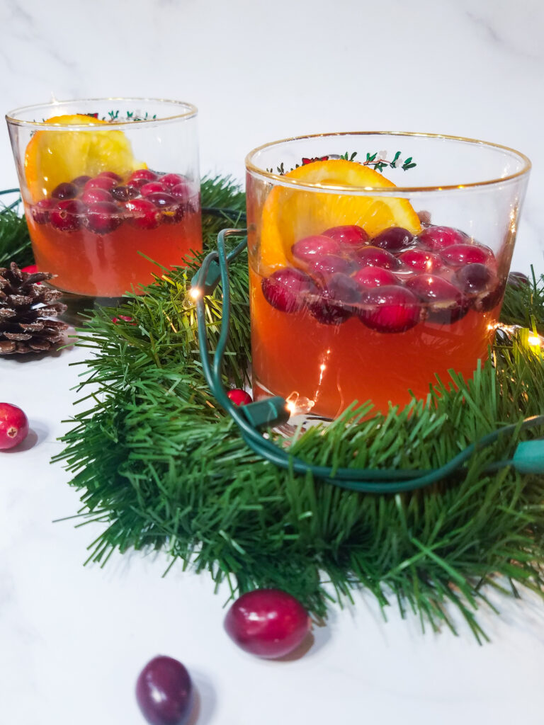 2 glasses full of Sparkling Cranberry Orange Sangria
