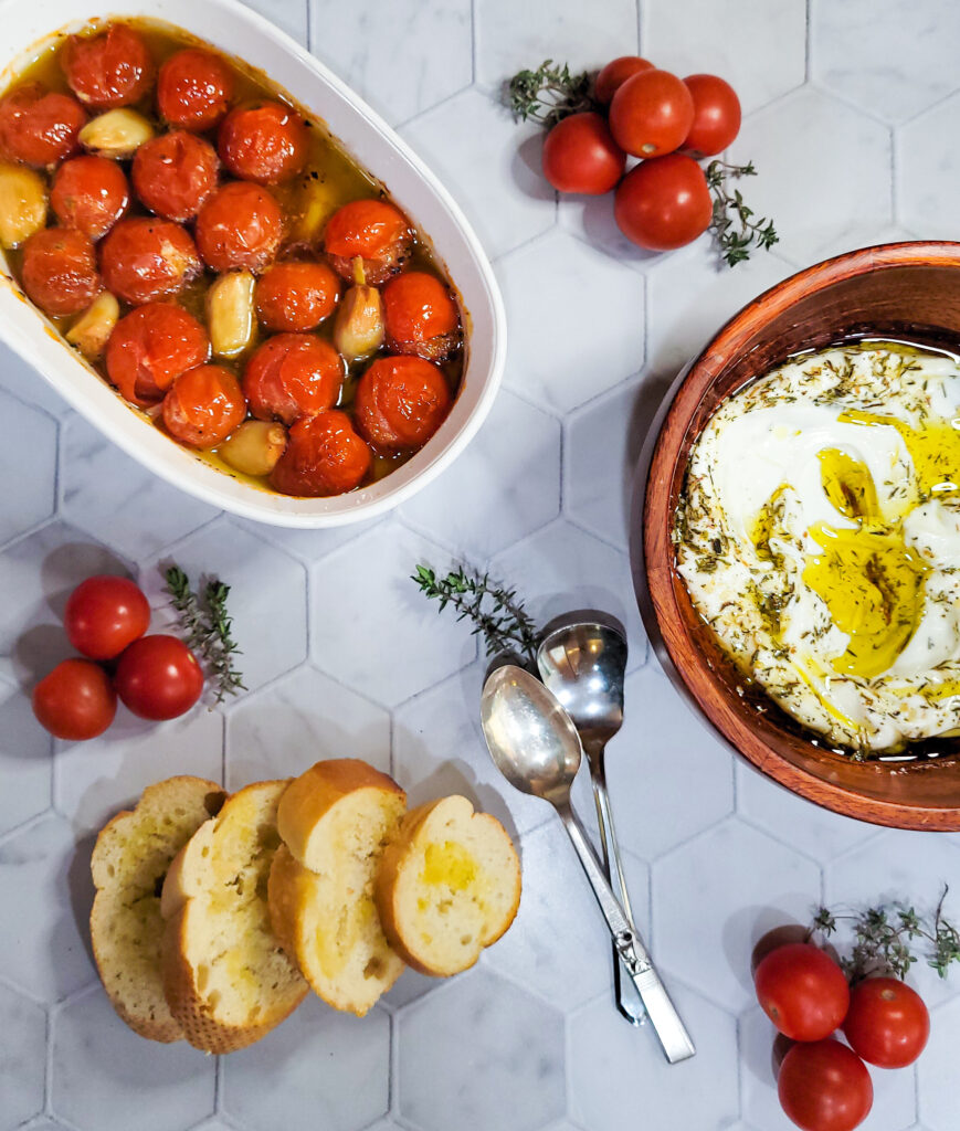 They prepared ingredients laid out to enjoy za'atar labneh tomato crostini.