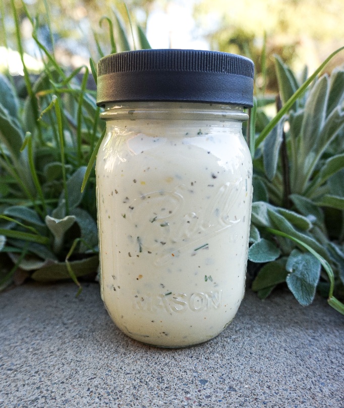 A 16 ounce glass jar of the best homemade ranch.